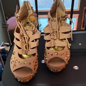 Studded Lace-Up Peep-Toe Platform Heels in Nude